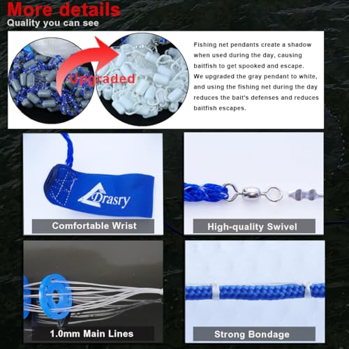 Drasry Saltwater Fishing Cast Net 3/8 and 1/4 Mesh with Heavy Duty Gray Sinker American Monofilament Fish Throw Net for Bait Trap 3FT 4FT 5FT 6FT 7FT 8FT 9FT Radius - size: 8FT Radius, style: 1/4 Mesh 0.88 Lb/Ft