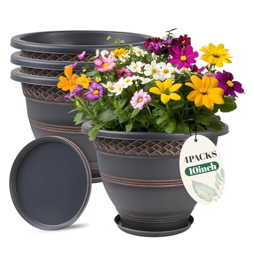 10 Inch 4 Pack Plant Pots, Plastic Flower Pot for Indoor & Outdoor with Drainage Holes & Saucer, Plaid Pattern Planters Garden Pots for Herbs