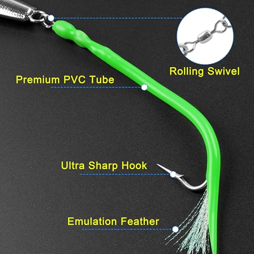 Diamond Jig Saltwater Fishing Lures Casting Jigging Spoon with Tube Tail Stainless Steel Hooks Trolling Lures Striped Bass Metal Jig for Deep Sea Surf Fishing Bottom Dragging Sinking - color: Green, size: 5 oz