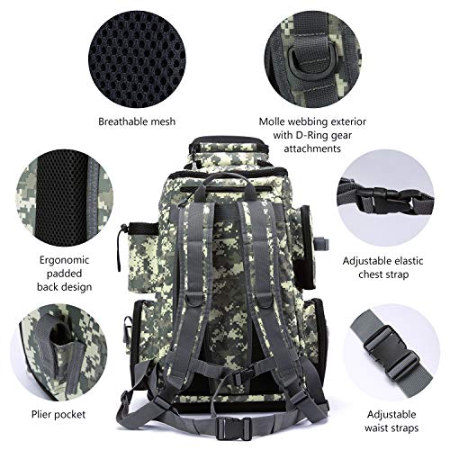 BASSDASH Fishing Tackle Backpack Water Resistant Tactical Bag Soft Tackle Box with Rod Holder and Protective Rain Cover - color: Jungle Camo Backpack [3670] Without Trays
