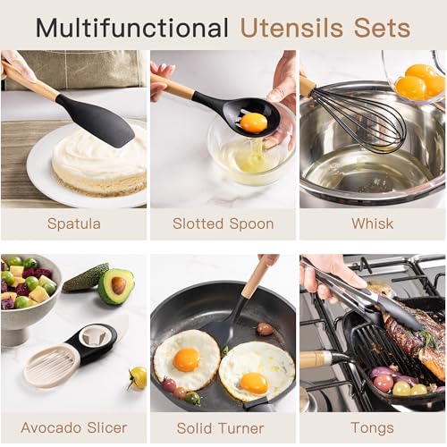 Astercook 39 PCS Kitchen Utensils Set, Silicone Cooking Utensils Set with Wooden Handle, 446°F Heat Resistant Food Grade Utensil Sets, BPA Free Kitchen Gadgets Tools Set for Nonstick Cookware (Black)