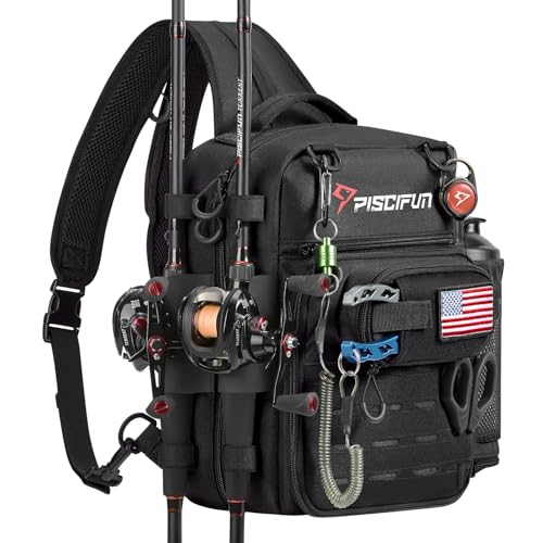 Piscifun Fishing Tackle Backpack, 3-Way Carry with Rod Holders | 16 smart pockets, 2 rod holders, Rain cover, Breathable back support, Convertible sling/waist/backpack carry - color: Black