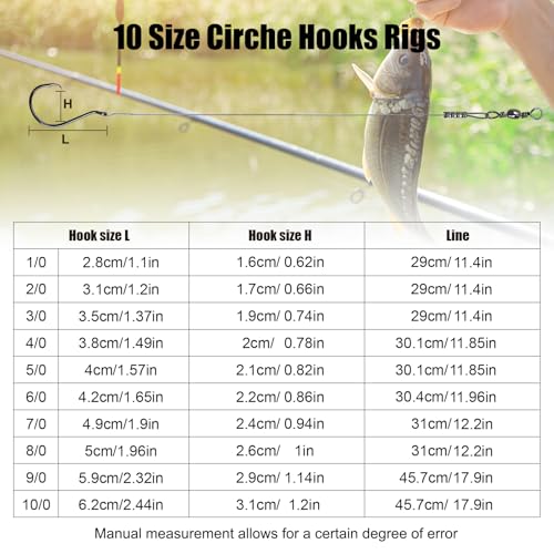 Circle Hooks Rigs, 15pcs Fishing Leader Rigs with Steel Leader Wire and Circle Hooks 1/0 2/0 3/0 4/0 5/0 6/0 7/0 8/0 9/0 10/0 for Bass, Catfish Fishing - size: 1/0
