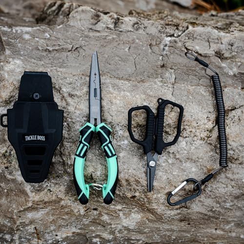 Tackle Boss Outlaw Fishing Pliers & Tool Set – 7.5" Stainless Steel Fishing Pliers, Braid Scissors, Hook Remover & Line Cutter with Holster and Lanyard, Freshwater & Saltwater Fishing Gear - color: Teal