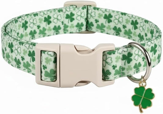 Dog Collars for Medium Dogs, Green Dog Collar for St. Patrick's Day with Green Clover Pattern, Medium Girl Boy Pet Collar with Spring Summer Design, M