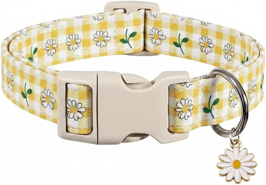 Cute Dog Collar, Yellow Plaid Dog Collar with White Floral Pattern, Spring Summer Design Floral Collar for Girls Boys Large Dogs