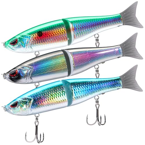 Bassdash SwimShad Glide Baits Jointed Swimbait Bass Pike Salmon Trout Muskie Fishing Lure,3-Pack - color: Black/Silver +Gizzard Shad +Sardine, size: 7in/2.2oz