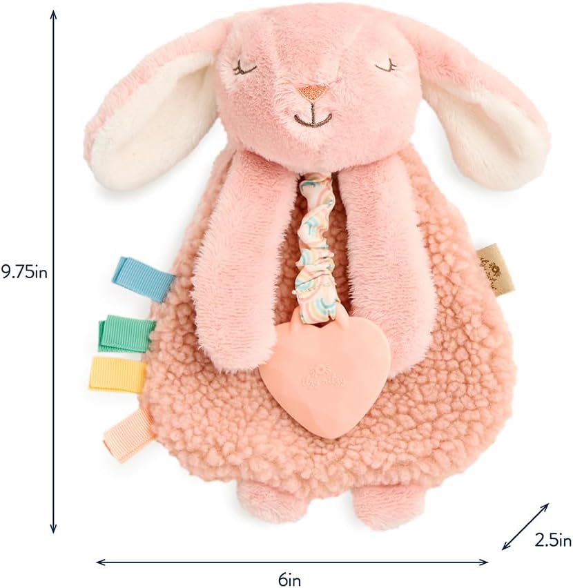 Itzy Ritzy - Itzy Lovey Including Teether - Baby Lovey with Teether, Textured Ribbons & Dangle Arms - Features Crinkle Sound, Sherpa Fabric and Minky Plush (Pink Bunny)