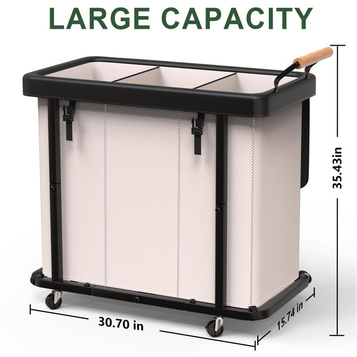 230L (60 Gal) Extra Large Fashion Laundry Sorter 3 Section with Lid, Rolling Laundry Basket Hamper with Handle, Laundry Organizer Storage Cart with Sturdy Metal Frame for Laundry Room, Hotel, White