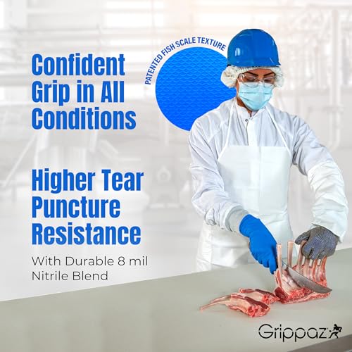 PIP Grippaz Food Plus 8 Mil Nitrile 12" Disposable Gloves 48-Pack, Fish Scale Grip, Enhanced Fatty Food Handling, Blue, Medium (67-308/M) - size: Medium