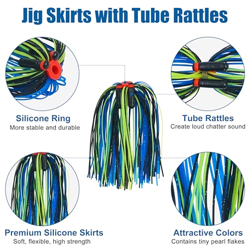 OROOTL Silicone Jig Skirts Spinnerbait Skirt Replacement Bass Fishing Lures for DIY Spinner Baits Buzzbaits Squid Jig Accessories - color: B-Skirts with Rattles-12pcs