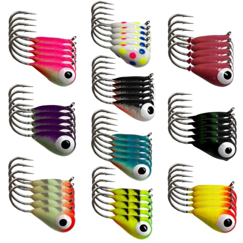 Reaction Tackle Tungsten Ice Fishing Jigs, Tear Drop Jig Heads that Glow with UV Light for Panfish, Crappie, Walleye, Perch, Trout and Bluegill - color: 50-pcs Variety Kit (+case), size: 3 mm