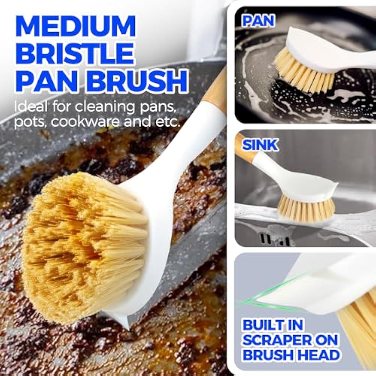 Holikme 3 Pack Dish Brush Set with Bamboo Handle, Kitchen Brushes for Cleaning Pot, Sink and Stove, Skillet Scrubber with Tough Bristles for Cast Iron Grill Pan, Yellow White Black