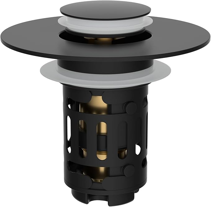 Hibbent Upgraded 3 in 1 Bathroom Sink Drain Strainer, Universal Pop Up Stopper, Removable Stainless Steel Filter Basket Hair Catcher, Sink Plug for 1.1''~2.36'' Basin, Brass Bullet Core, Matte Black