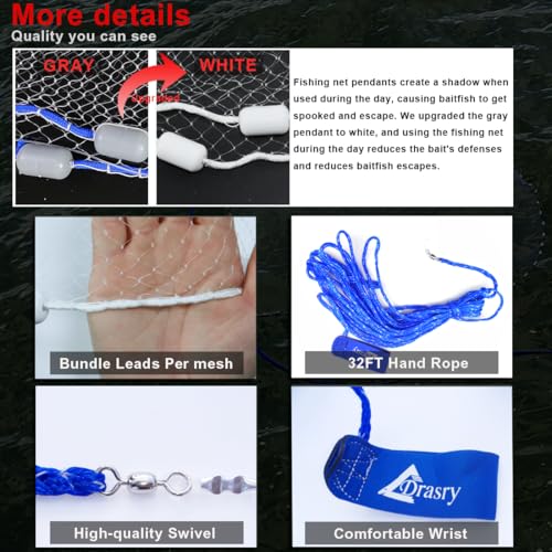 Drasry Saltwater Fishing Cast Net 3/8 and 1/4 Mesh with Heavy Duty Gray Sinker American Monofilament Fish Throw Net for Bait Trap 3FT 4FT 5FT 6FT 7FT 8FT 9FT Radius - size: 6FT Radius, style: 3/8 Mesh 1 Lb/Ft