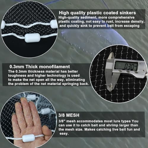 Drasry Saltwater Fishing Cast Net 3/8 and 1/4 Mesh with Heavy Duty Gray Sinker American Monofilament Fish Throw Net for Bait Trap 3FT 4FT 5FT 6FT 7FT 8FT 9FT Radius - size: 7FT Radius, style: 3/8 Mesh 1 Lb/Ft