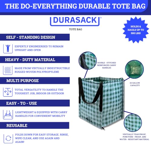 DURASACK Heavy Duty Storage Tote Bag 22-Gallon, Gingham Green, Pack of 4 | Rugged Woven Polypropylene Moving Bag, Reusable Self-Standing Design, Holds up to 500 Pounds - color: Gingham Green, size: Pack of 4