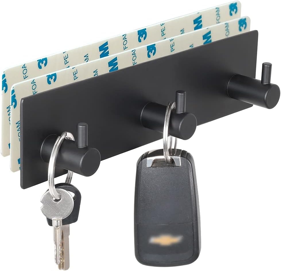 Key Holder for Wall with 2 Self-Adhesive Tapes, No Damage Key Holder Rack for Wall with 3 Key Hooks for Entryway, Door, Bathroom, Kitchen(Black)