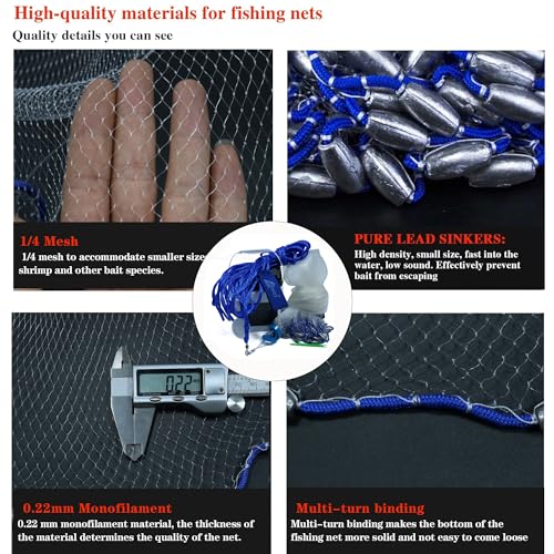 Drasry Saltwater Fishing Cast Net for Bait 3/8 1/4 or 1/2 with Heavy Sinkers Fish Trap Throw Net. Size 3ft/4ft/5ft/6ft/7ft/8ft/9ft/10ft Radius Freshwater Nets - size: 6FT (180cm) Radius, style: 1/4 Mesh Lead Sinkers-mono