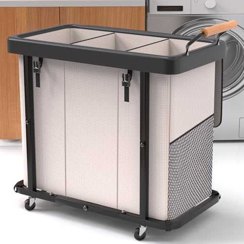 230L (60 Gal) Extra Large Fashion Laundry Sorter 3 Section with Lid, Rolling Laundry Basket Hamper with Handle, Laundry Organizer Storage Cart with Sturdy Metal Frame for Laundry Room, Hotel, White