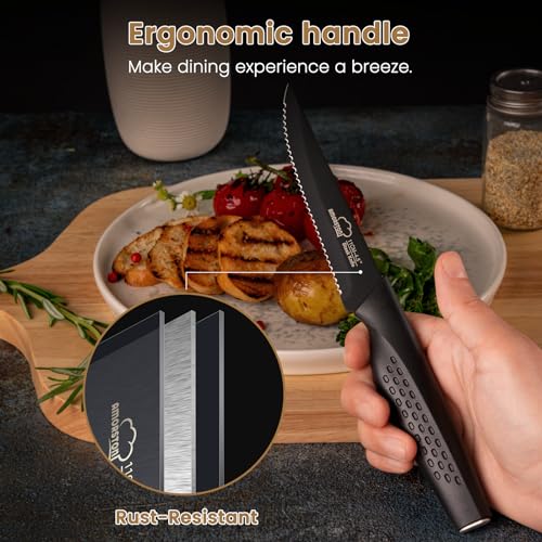 Amorston Steak Knives, Steak Knives Set of 8, Stainless Steel Steak Knife Set, Serrated Knives Dishwasher Safe, Elegant Black