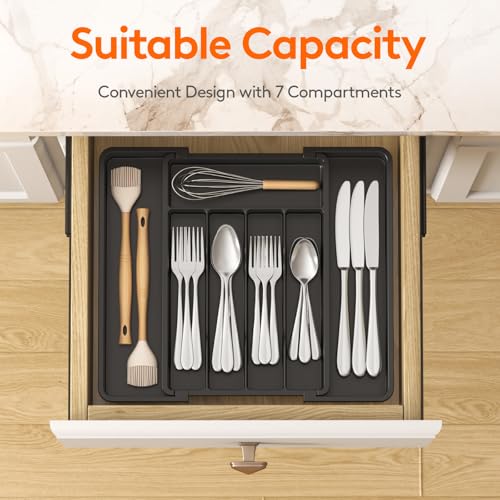 Lifewit Silverware Drawer Organizer, Expandable Utensil Tray for Kitchen, BPA Free Flatware and Cutlery Holder, Adjustable Plastic Storage for Spoons Forks Knives, 8.5-14 x 12", Black