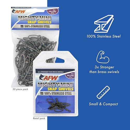 American Fishing Wire Fishing Swivels - Mighty Mini 100% Stainless Steel Snap Crane Swivels, 3X Stronger Than Brass, For Terminal Tackle Box, Up to 600lb Test - Fishing Gear for Fishing Line Leaders - style: #5, 120 Lb, 50 Pc