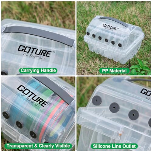 Goture Fishing Line Storage Box 1/2Pcs, 6(2 Large + 4 Standard) Slots Fishing Line Case, PP Clear Visibility Fishing Line Organizer, Silicone Holes Line Spool Box - style: 4Pcs - 6 Slots Spool Storage Box
