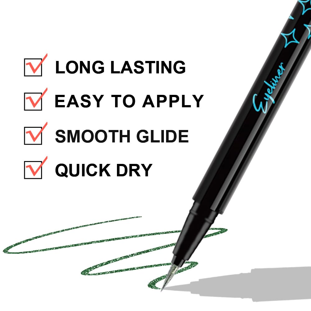 2PCS Metallic Glitter Coloured Liquid Eyeliner Pens Set03 – Waterproof Mark Emerald or Purple Long-Lasting Sparkly Eye Makeup – Tattoo-Effect Ink Liners for Women & Men, Delineador Líquido con Brillo