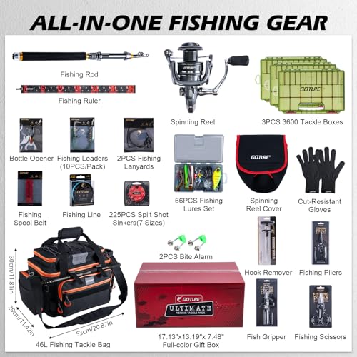 Goture Fishing Rod and Reel Combos,1.8M-2.7M Telescopic Fishing Pole Spinning Reel Line Lures Set with Carrier Bag,Telescopic Rod Kit for Starter Travel Saltwater Freshwater Gear Gift - color: E1:Fishing Full Kit with Tackle Bag, size: 6 ft/1.8 m