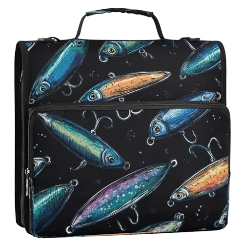 Fish Lure Vintage Funny 3 Ring Zipper Binder with Strap 1.5 inch 500 Sheet Capacity File Folder Storage Organizer