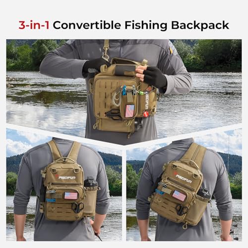 Piscifun Fishing Tackle Backpack, 3-Way Carry with Rod Holders | 16 smart pockets, 2 rod holders, Rain cover, Breathable back support, Convertible sling/waist/backpack carry - color: Black Camo