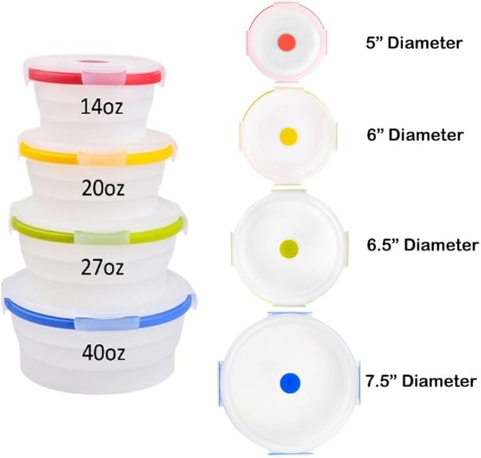 ECOBERI Collapsible Food Storage Containers, Silicone Round 4 Piece Set, 14/17/27/40 oz, BPA-Free, Space-Saving, Airtight Lids, Microwave Safe Without Lid, Freezer and Dishwasher Safe