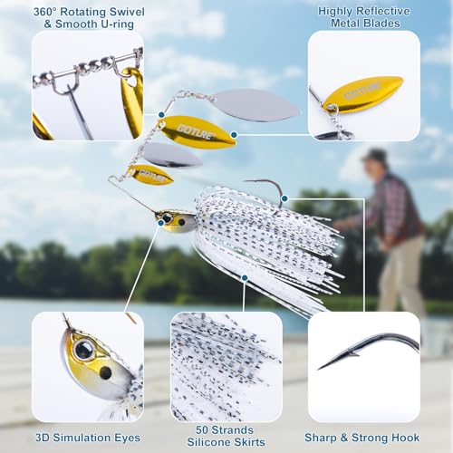 Goture Spinner Baits, Hard Metal Spinnerbaits Kit with 4 Spinner Blades, Spare Skirts Replacement, Buzzbait Spinnerbaits Fishing Lures for Bass Trout Pike Salmon Walleye Freshwater Saltwater - color: A1:2pcs(White & Gold), size: 10g 3/8oz