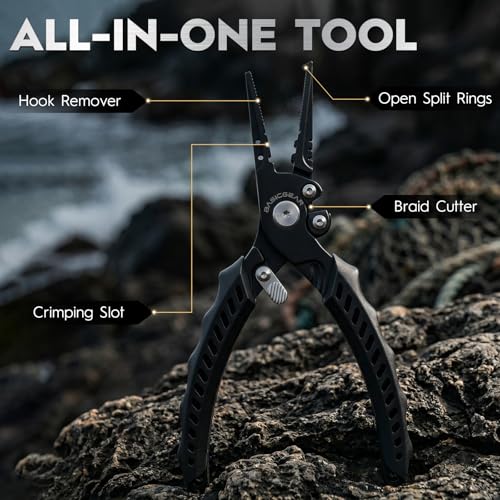 BasicGear Fishing Pliers, 17-4 PH Stainless Steel Saltwater Pliers, Braid Cutter, Split Ring Tool, Corrosion Resistant, One-Hand Operation - size: 7.5" Standard - Orange