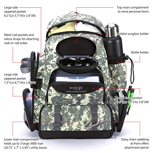 BASSDASH Fishing Tackle Backpack Water Resistant Tactical Bag Soft Tackle Box with Rod Holder and Protective Rain Cover - color: Jungle Camo Backpack [3600] With 3 Trays