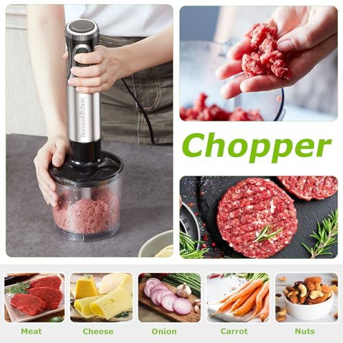 Bonsenkitchen Immersion Blender Handheld with Food Processor, 20 Speeds Hand Blender with Turbo Mode, Stainless Steel Blade, Egg Whisk, Beaker & Chopper Bowl, Hand Mixer for Smoothie, Soup, Baby Food