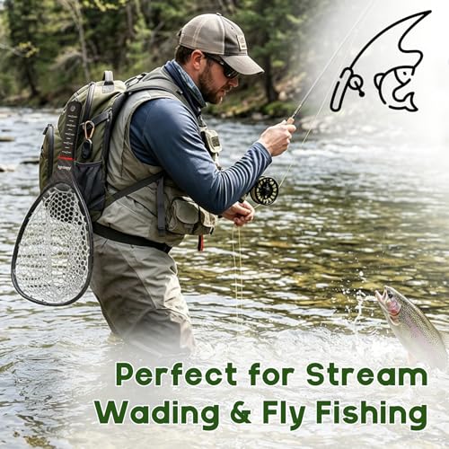 Riverruns Fly Fishing Landing Net Carbon Fiber Trout Net with Measurement Handle, Soft Rubber Mesh - 26" Standard (Wading) / 37" Long (Kayak) - color: 26" Wading Net (Standard) - Green 3K Woven