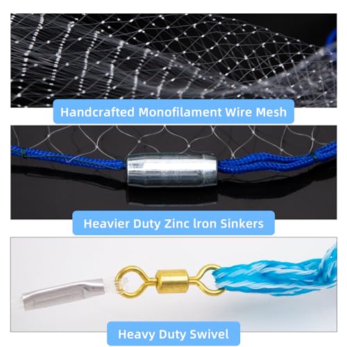 Cast Net for Bait Trap Fish,1/2 Inch Mesh Size | Throw Nets,Zinc Sinker Weights,Freshwater & Salt Water,3/4/5/6/8/9/10 Ft - size: 9ft Radius