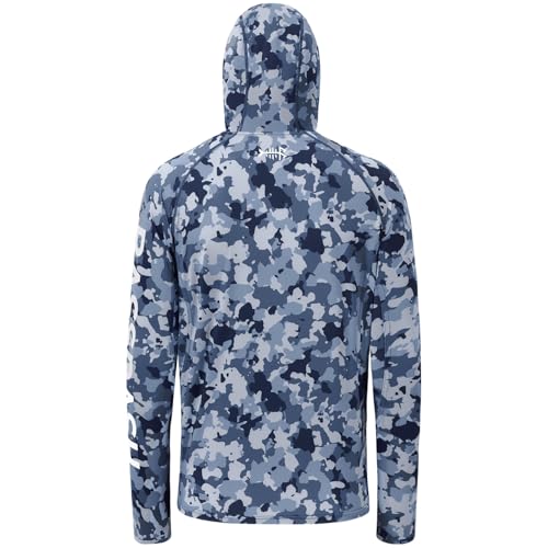 BASSDASH Men’s UPF 50+ Hooded Breathable Camo Shirts with Face Mask Lightweight Neck Gaiter Fishing Hiking Hoodie Shirt FS51M - color: Blue Camo, size: Large
