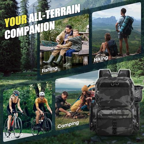 RAINSMORE 45L Fishing Backpack with Rod Holders & Rain Cover Large 900D Water-resistant Fishing Tackle Bag Store Fishing Gear - color: Black Gray Camouflage