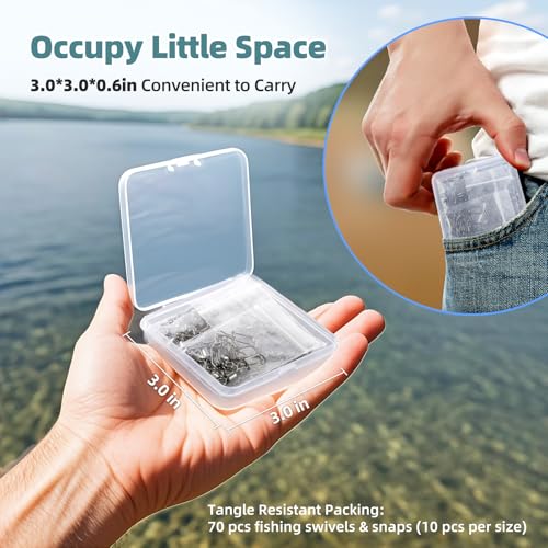 70 Pcs Snap Swivels Kit, 7 Sizes, Use Separately | Brass barrel swivel, Stainless snap, Quick connect to Lures or Baits, Each size individually packed, for Fresh & Saltwater