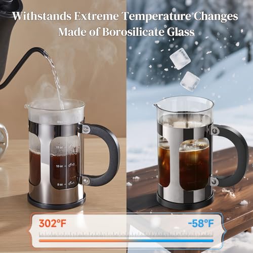Veken French Press Coffee Maker 21oz 0.6 L, Single Serve Small Pot, Heat Resistant Thickened Borosilicate Glass,Stainless Steel Brewer,Cold Brew Cafetera Teapot for Kitchen Travel Camping, Dark Pewter