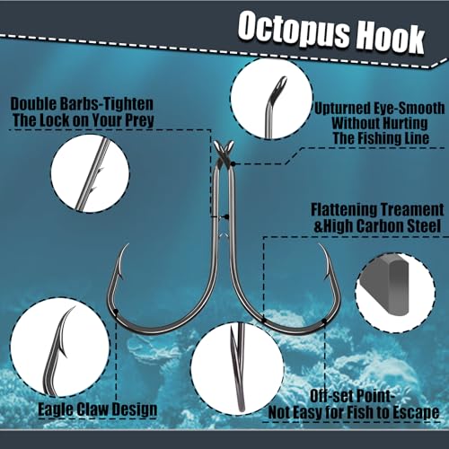 9KM DWLIFE Octopus Fishing Hooks, Double Barbed High Carbon Steel Hooks | Corrosion-Resistant Baitholder Circle Hooks with Sharp Points for Bass, Catfish, Walleye, Trout and Saltwater Fishing - size: 3/0#-100pcs