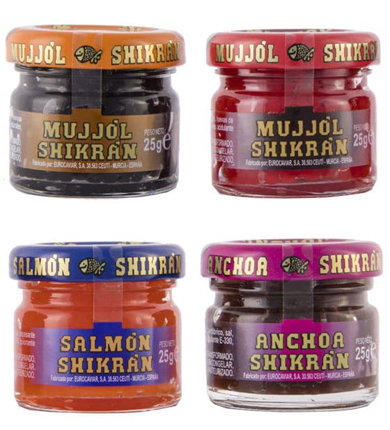 Eurocaviar - Shikran - Sampler pack: 4 x 0.88 oz Mullet Roe Black Caviar Pearls + Mullet Roe Red Caviar Pearls + Smoked Salmon Caviar Pearls + Anchovies Caviar Pearls [Premium Caviar Alternative]
