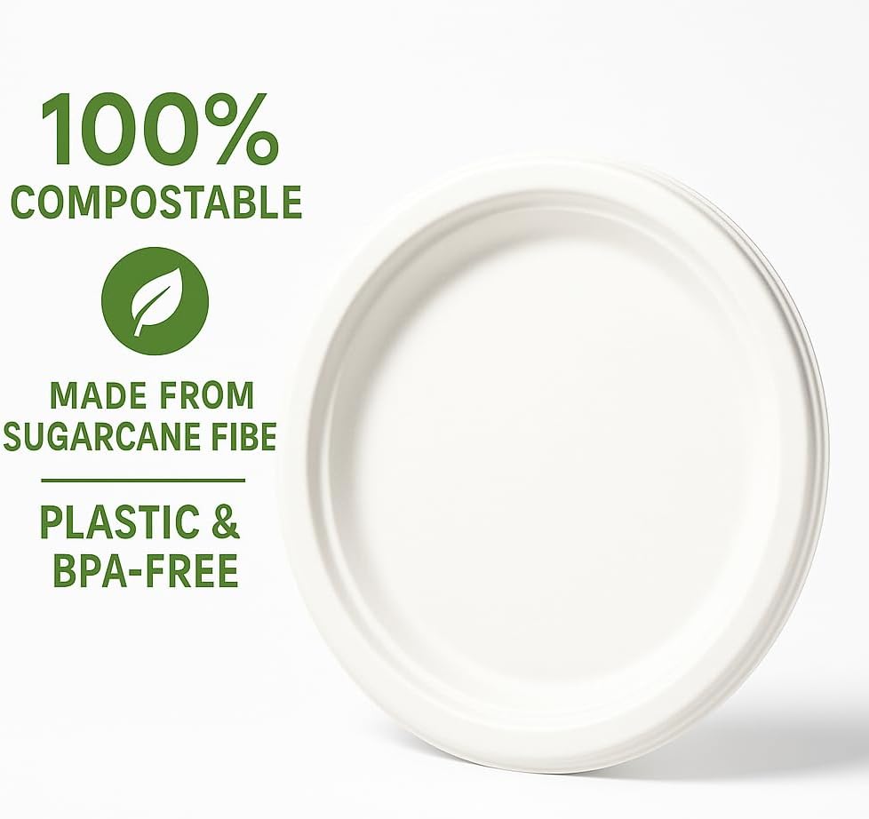 9-Inch Compostable Paper Plates, 125 Count | 100% Biodegradable Bagasse, Strong & Durable, Microwave-Safe, Soak-Proof for BBQs, Parties & Everyday Meals