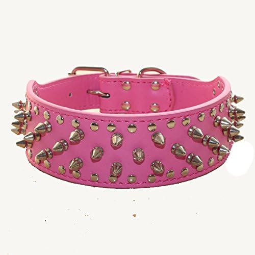 Serijoars Spiked Studded Dog Collar, PU Leather Dog Collar, Adjustable Pet Collars for Medium or Large Breed Pet (S, Hot Pink)