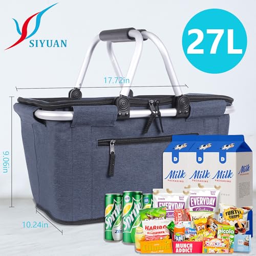 Picnic Basket, SIYUAN Collapsible Shopping Basket with Lid 27L Large Market Basket with Handles Reusable Folding Grocery Basket Insulated Cooler Bag for Picnic Travel, Blue