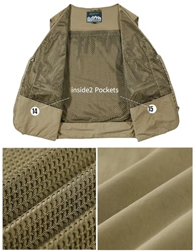 Men's Lightweight Mesh Fishing Vest Utility Outdoor Multi-Pocket Hunting Cargo Vest - color: Khaki, size: 3X-Large
