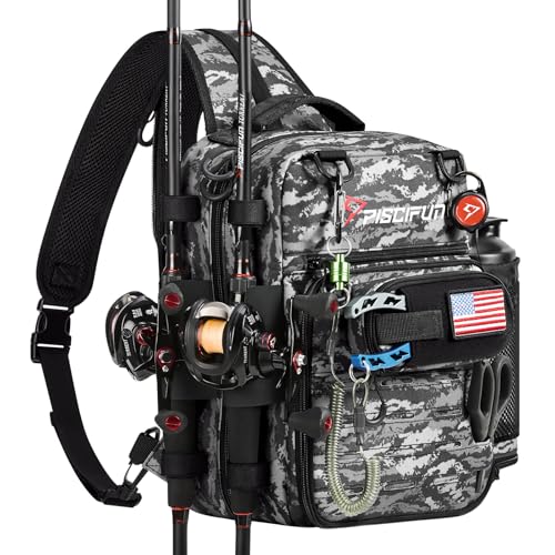 Piscifun Fishing Tackle Backpack, 3-Way Carry with Rod Holders | 16 smart pockets, 2 rod holders, Rain cover, Breathable back support, Convertible sling/waist/backpack carry - color: Black Camo